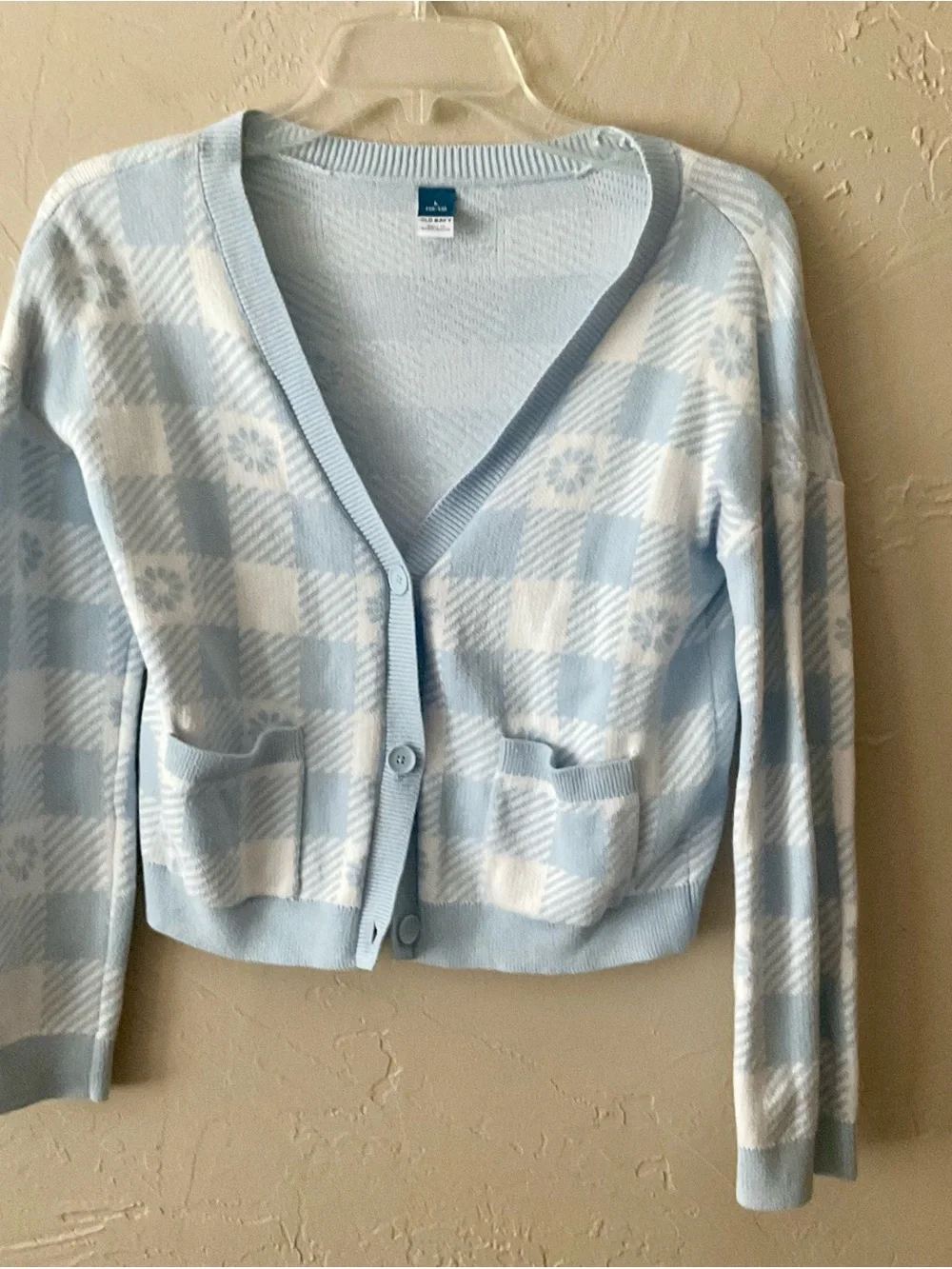 Old Navy Light Blue and White Check Plaid V-Neck Cardigan